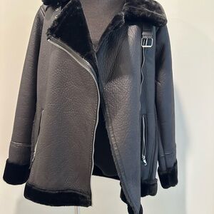 Alcott Black Leather Jacket with Shearling Trim